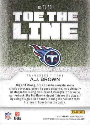 Football card back of A.J. Brown Tennessee Titans NFL player from 2022 Score set