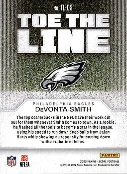 Football card of Devonta Smith from 2022 Score Toe the Line, Philadelphia Eagles