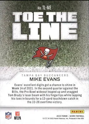 Football card featuring Mike Evans from the 2022 Score Toe the Line Tampa Bay Buccaneers