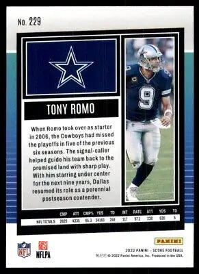 Tony Romo football card from 2022 Score Dallas Cowboys #229 displayed center