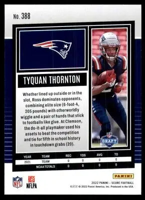 Tyquan Thornton 2022 Score Rookie Football Card New England Patriots #388