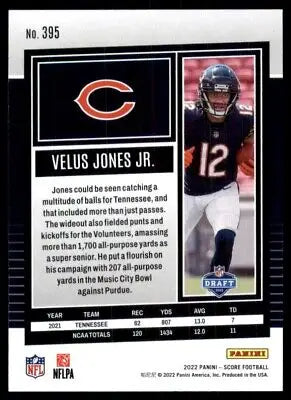 Velus Jones Jr. Rookie Chicago Bears football card 2022 Score #395 text-align center