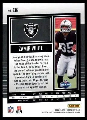 Zamir White 2022 Score Rookie Card Las Vegas Raiders #336 displayed text-align center