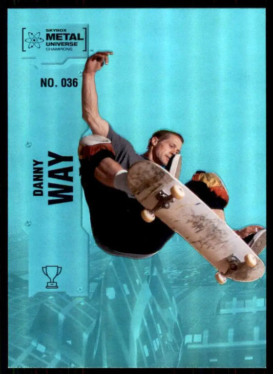 Skateboarder performing an aerial trick on 2022 Skybox Metal Universe Champions card