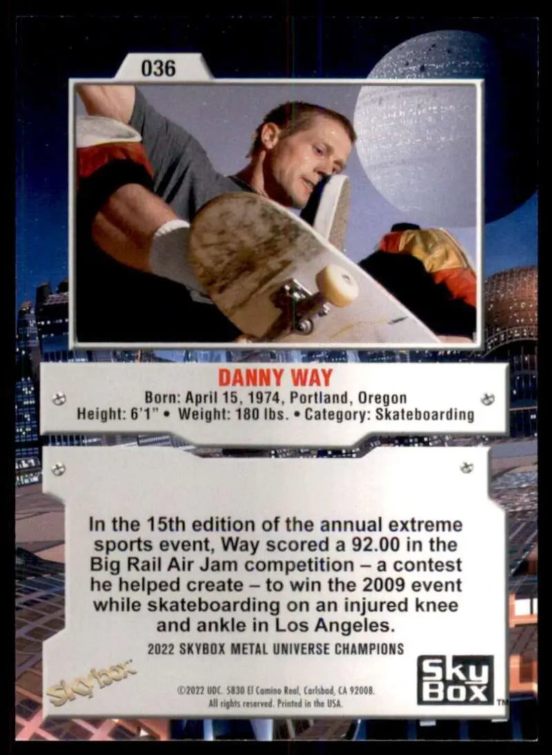 Trading card of Danny Way performing a trick in Metal Universe Champions design