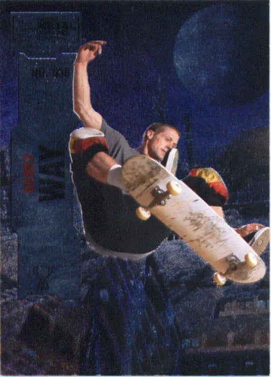 Skateboarder performing aerial trick on 2022 Skybox Metal Universe Champions card