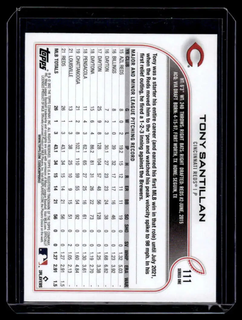 Back of 2022 Topps #111 Tony Santillan Baseball Card with Cincinnati Reds stats