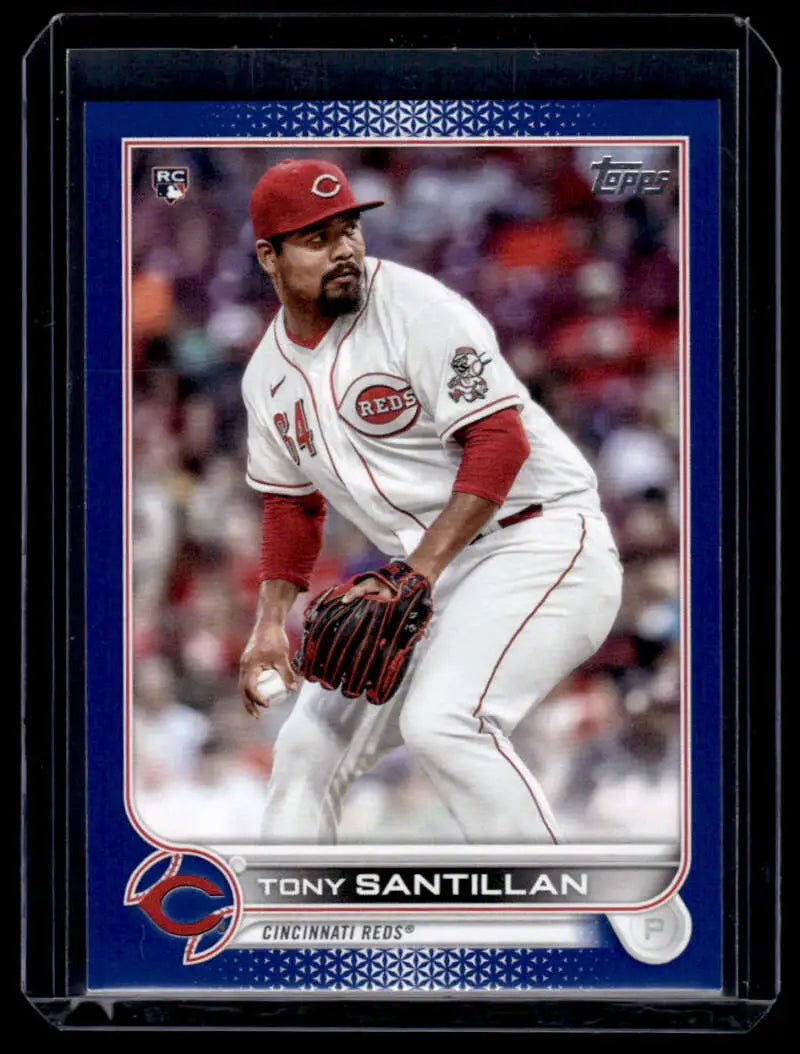 Baseball card of Tony Santillan in Cincinnati Reds white uniform with red trim