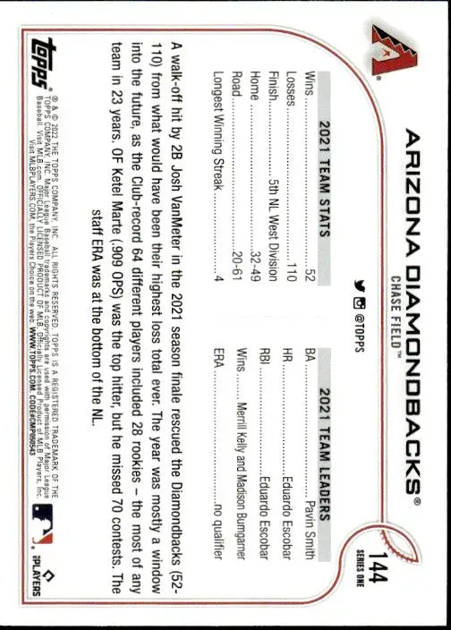 Back of 2022 Topps #144 Arizona Diamondbacks Baseball trading card with stats and info