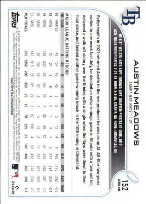 Back of 2022 Topps #152 Austin Meadows Tampa Bay Rays MLB Baseball Card NM-MT