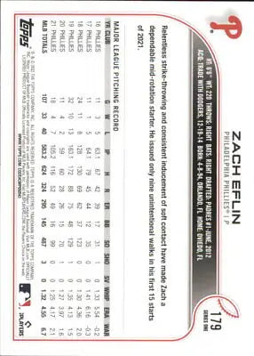 Baseball card back of 2022 Topps Zach Eflin Philadelphia Phillies MLB card NM-MT