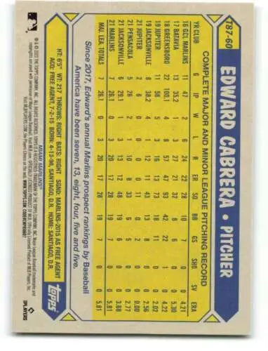 Baseball card back of 2022 Topps 35th Anniversary Edward Cabrera with original gloss