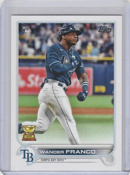 Baseball card of Wander Franco Tampa Bay Rays player in mid-swing action