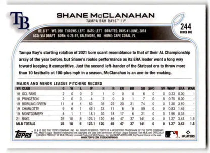 Baseball card back of 2022 Topps Shane McClanahan in original gloss, Rays ID:43875