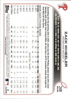 Zack Wheeler Philadelphia Phillies MLB Baseball Card 2022 Topps #249 NM-MT Condition