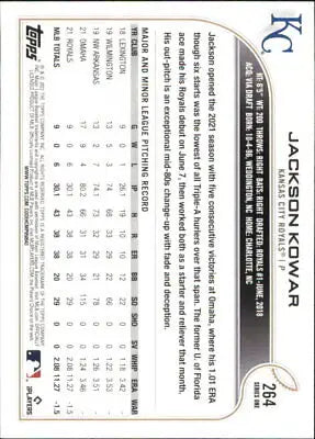 Baseball card back of 2022 Topps #264 Jackson Kowar Kansas City Royals Rookie card