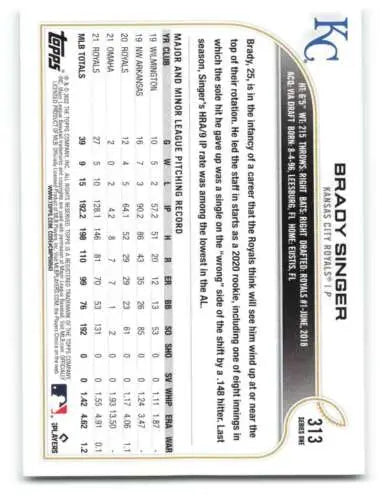 Baseball card back of 2022 Topps #313 Brady Singer featuring original gloss and stats