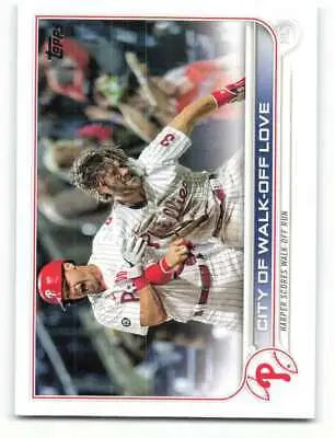 Baseball card of Bryce Harper in a celebratory moment with original gloss finish