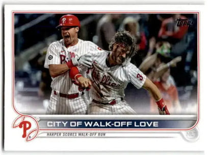 Bryce Harper walk-off celebration baseball card with original gloss from 2022 Topps