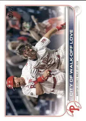 Baseball card of Bryce Harper and teammate celebrating for Philadelphia Phillies