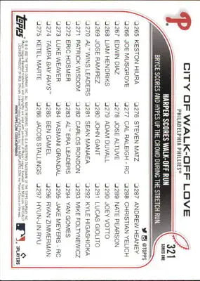 Baseball card back of 2022 Topps #321 City of Walk-Off Love Bryce Harper Philadelphia Phillies