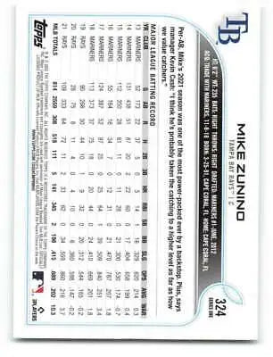 Baseball card back of 2022 Topps #324 Mike Zunino NM-MT Rays showcasing original gloss