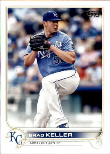 Baseball card of Brad Keller in windup motion, original gloss Kansas City Royals uniform