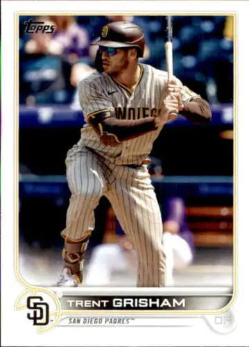 Baseball card of Trent Grisham in pinstriped Padres uniform with original gloss