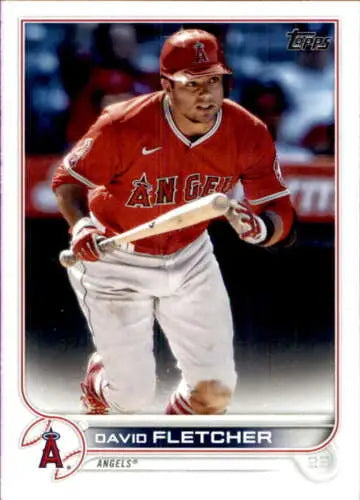 Baseball card featuring David Fletcher in red Angels uniform with bat in hand