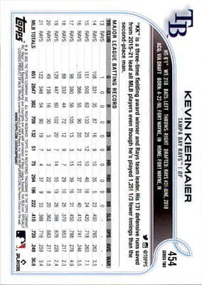 Baseball card back of 2022 Topps #454 Kevin Kiermaier, Tampa Bay Rays player