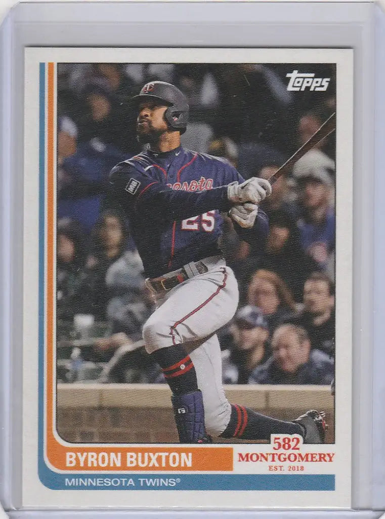 Baseball card of Byron Buxton mid-swing from 2022 Topps Montgomery Club Set