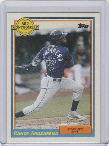 Baseball card of Randy Arozarena showcasing his swing for the Tampa Bay Rays