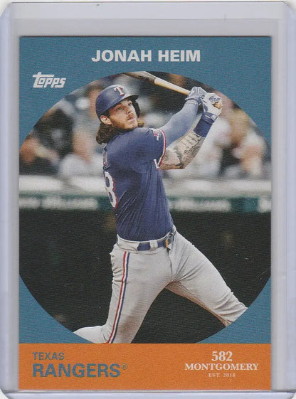 Baseball card of Jonah Heim Texas Rangers from the 2022 Montgomery Set showcasing a bat swing