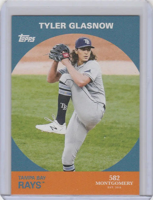 Baseball card of Tyler Glasnow Tampa Bay Rays pitcher mid-windup in white uniform