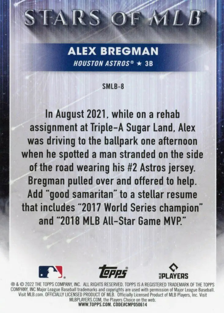 Back of 2022 Topps Alex Bregman MLB Insert from Houston Astros Baseball Stars series