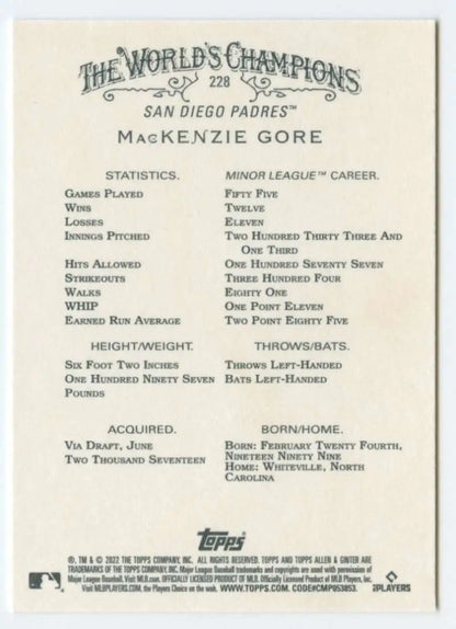 Baseball card featuring MacKenzie Gore’s stats from The World’s Champions series for San Diego Padres