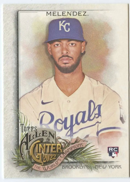 Kansas City Royals player MJ Melendez in white jersey and blue cap baseball card