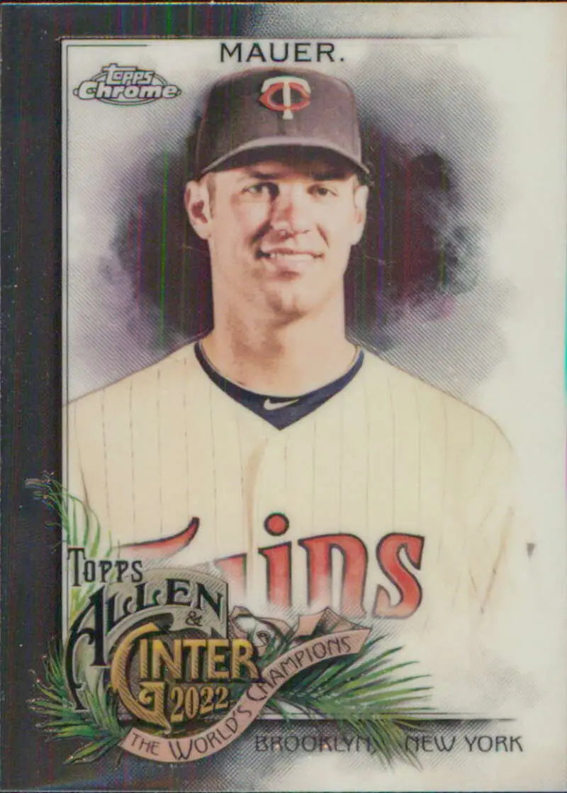 Joe Mauer Minnesota Twins player baseball card from 2022 Topps Allen and Ginter Chrome