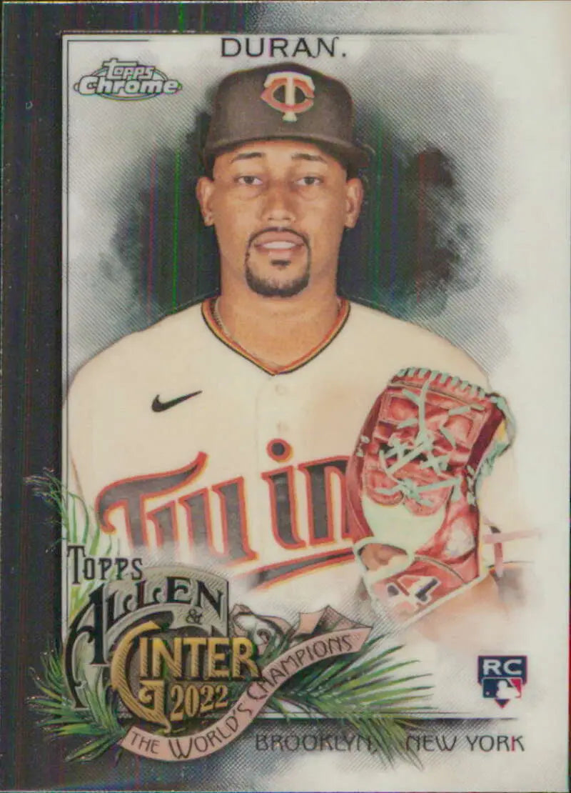 Baseball card of Jhoan Duran in home uniform for Minnesota Twins with red glove