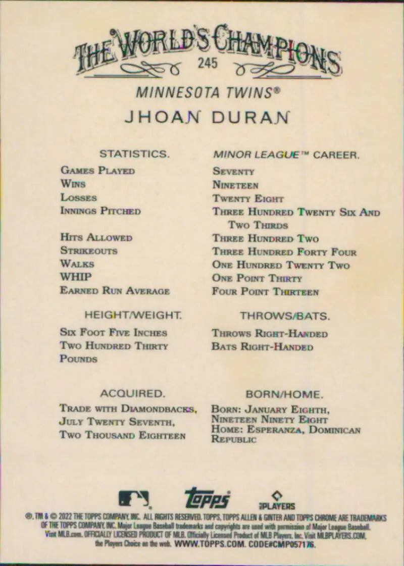 Jhoan Duran Minnesota Twins baseball card showcasing career statistics and achievements