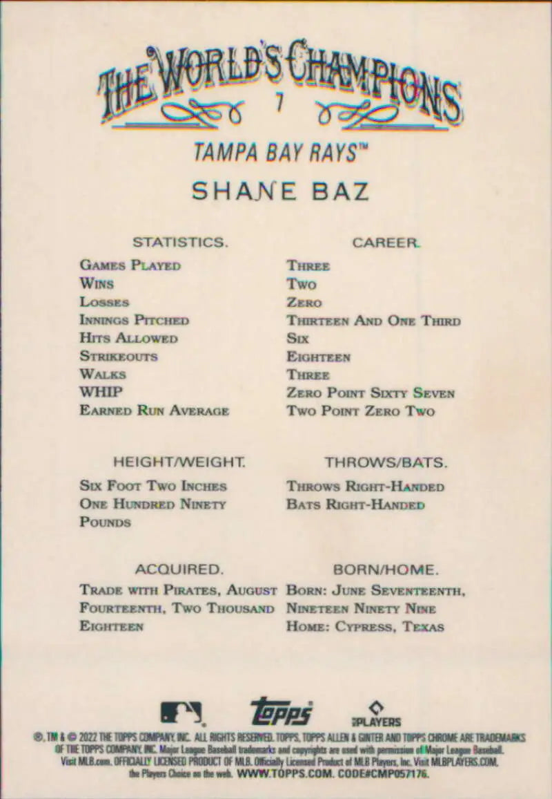 Baseball card showcasing Shane Baz statistics for Tampa Bay Rays rookie collection