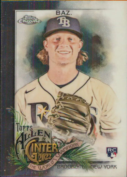 Baseball card of Shane Baz in Tampa Bay Rays home jersey and navy cap