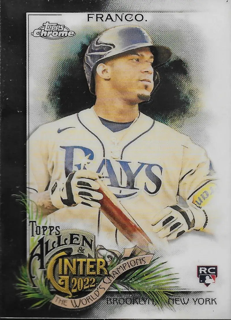 Baseball card of Wander Franco in a white Tampa Bay Rays home jersey