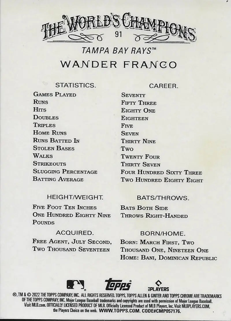 Baseball card featuring Wander Franco statistics for Tampa Bay Rays rookie player