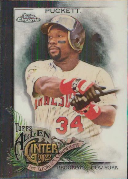 Baseball card of Kirby Puckett in white Angels #34 jersey from Minnesota Twins