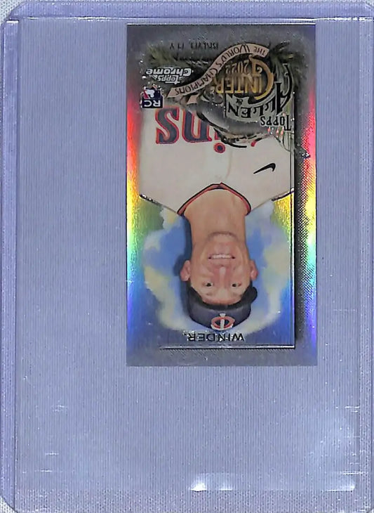 Holographic Chrome Mini Refractor of Josh Winder displayed upside down in a case