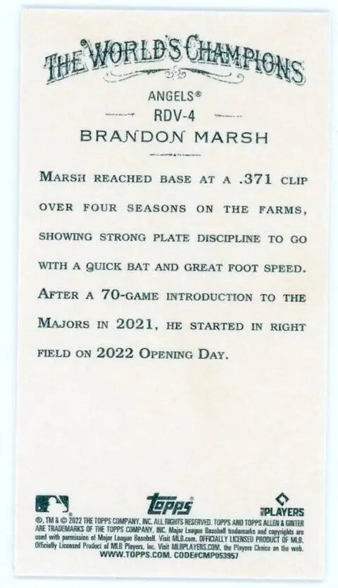 Brandon Marsh Mini Rookie Design Variation baseball card from 2022 Topps Allen & Ginter