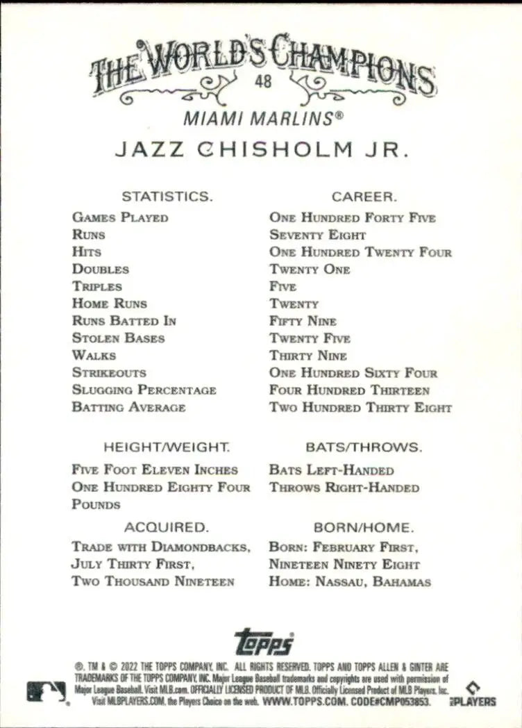 Baseball card back displaying player statistics for Ginter Jazz Chisholm Jr Miami Marlins