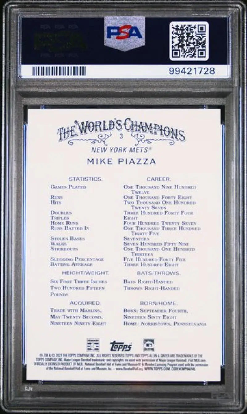 Back side of 2022 Topps Archives Signature Mike Piazza baseball card with World’s Champions stats