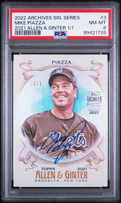 PSA-graded 2022 Topps Archives Signature Mike Piazza baseball card in protective case